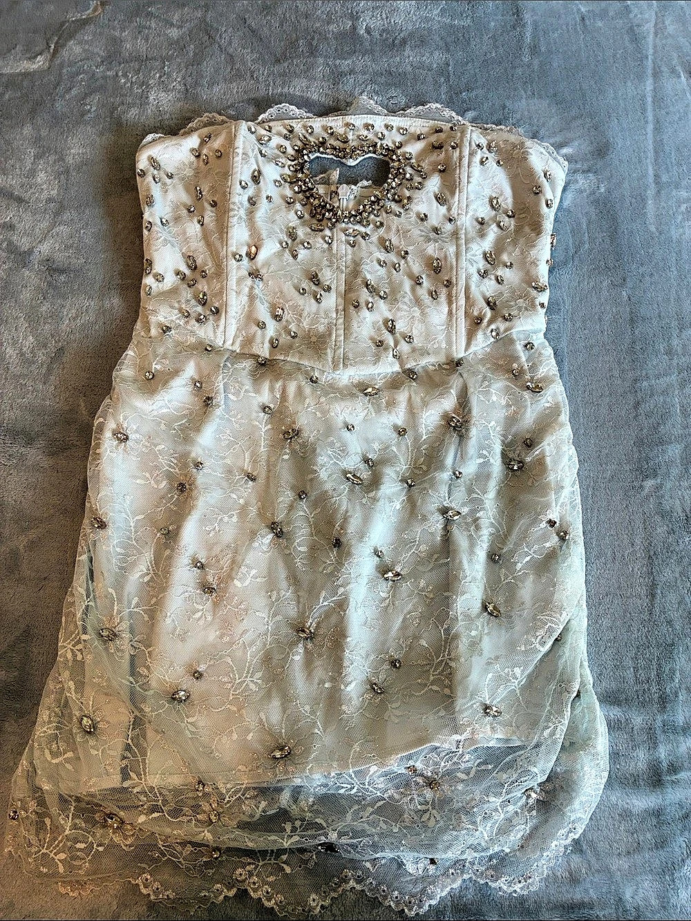 Finesse Beaded Lace Mini Dress in Pale Blue With Rhinestones  Size L